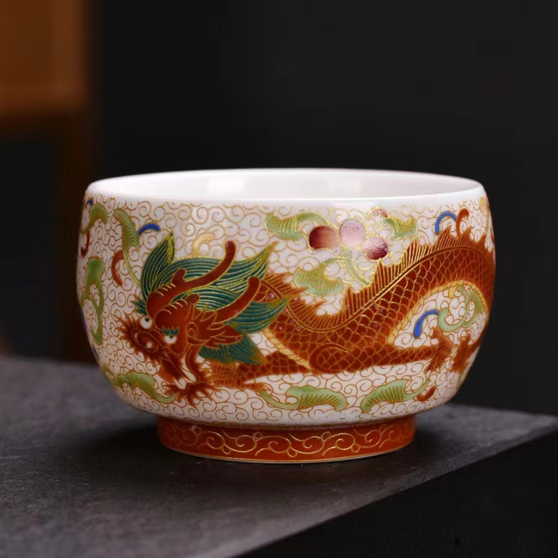 茗客龙凤扒花青花瓷主人杯茶杯