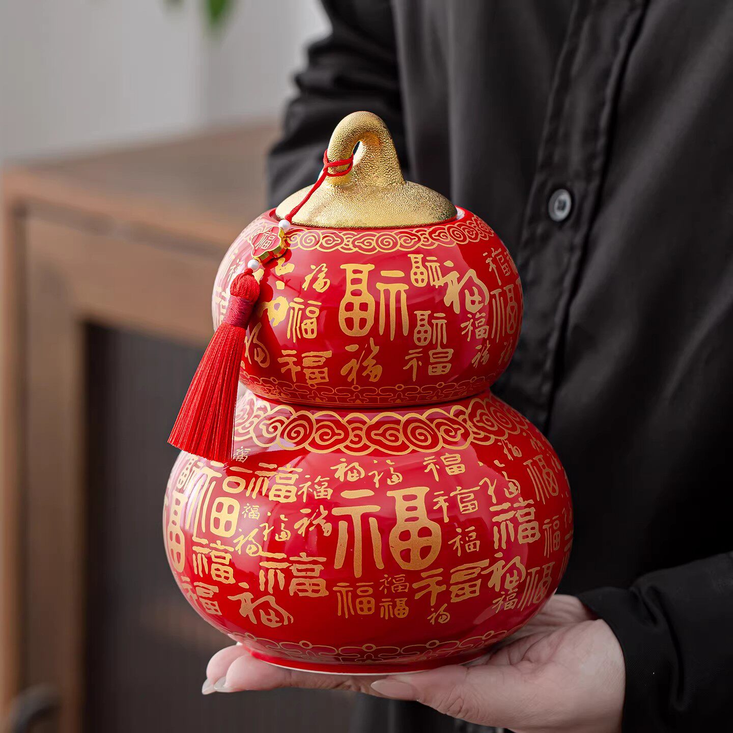 中式国风陶瓷茶叶罐葫芦创意摆件防潮密封便携式家用储存收纳罐