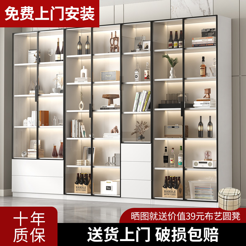 书柜带玻璃门酒柜轻奢定制家用展示客厅一体整墙到顶书架实木手办