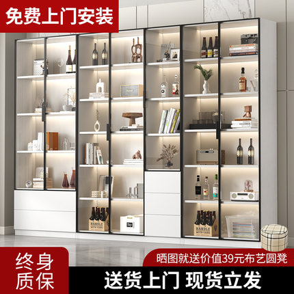 书柜带玻璃门酒柜轻奢定制家用展示客厅一体整墙到顶书架实木手办