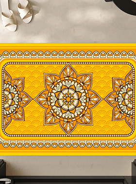 大门朝西黄色地垫步步莲升金黄入户门垫新中式圈绒防滑底除尘脚垫