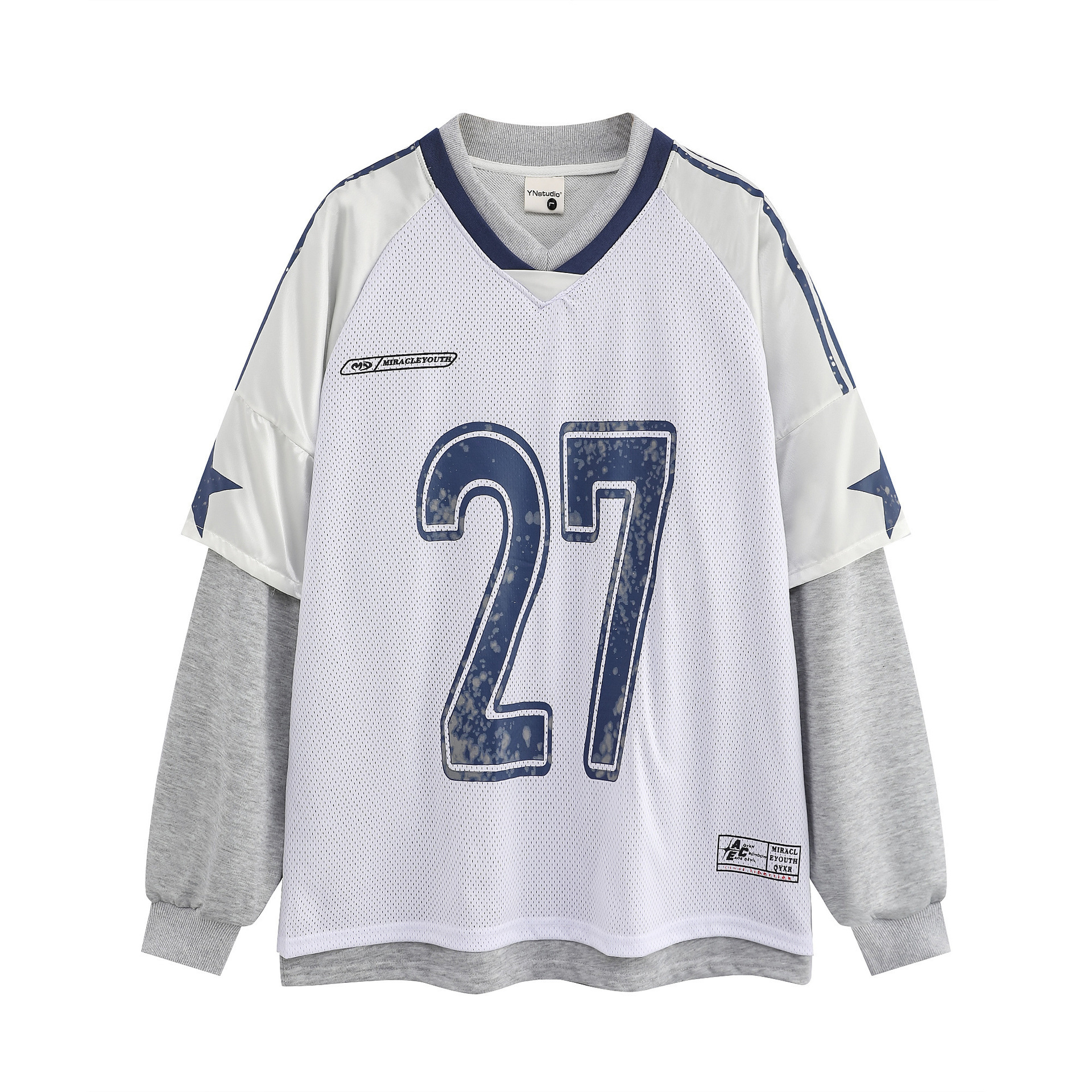 美式复古球衣卫衣男女假两件长袖