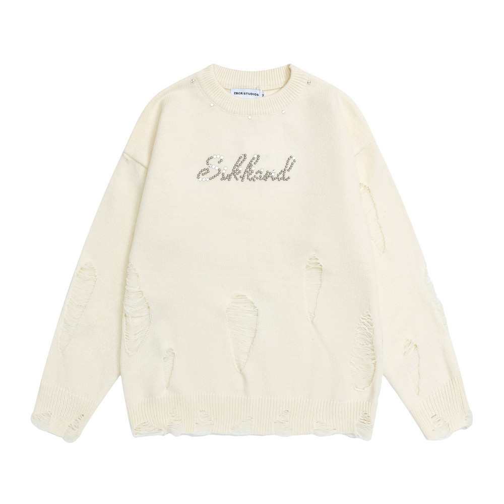 美式慵懒破洞字母圆领男针织衫潮