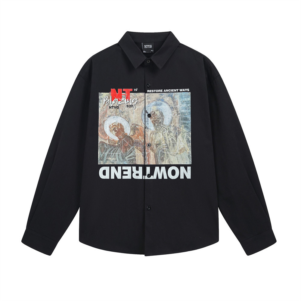 嘻哈街头抽象印花宽松长袖衬衫潮