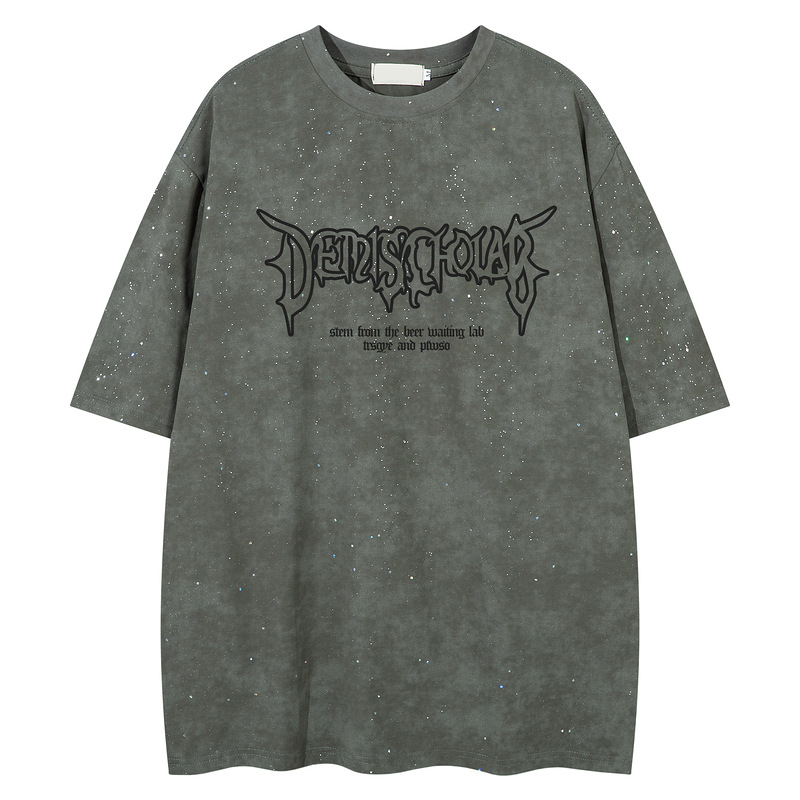 美式原创潮牌满天星泼墨印花字母短袖T恤男夏季宽松设计感半袖女