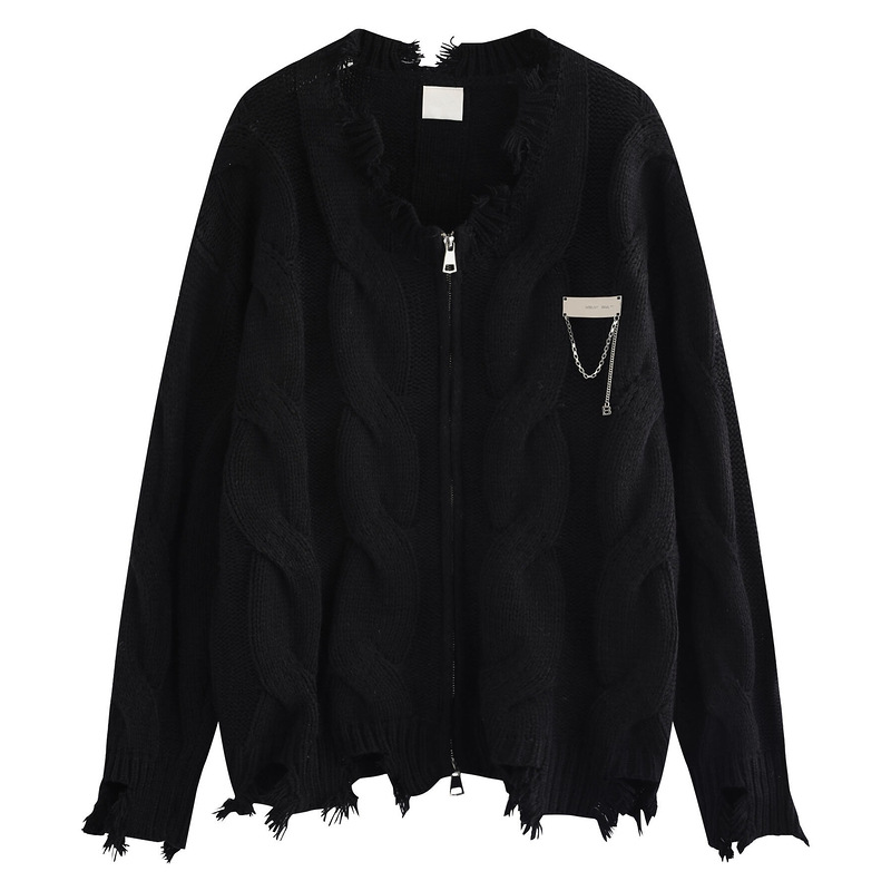 街头V领拉链破洞针织开衫毛衣潮