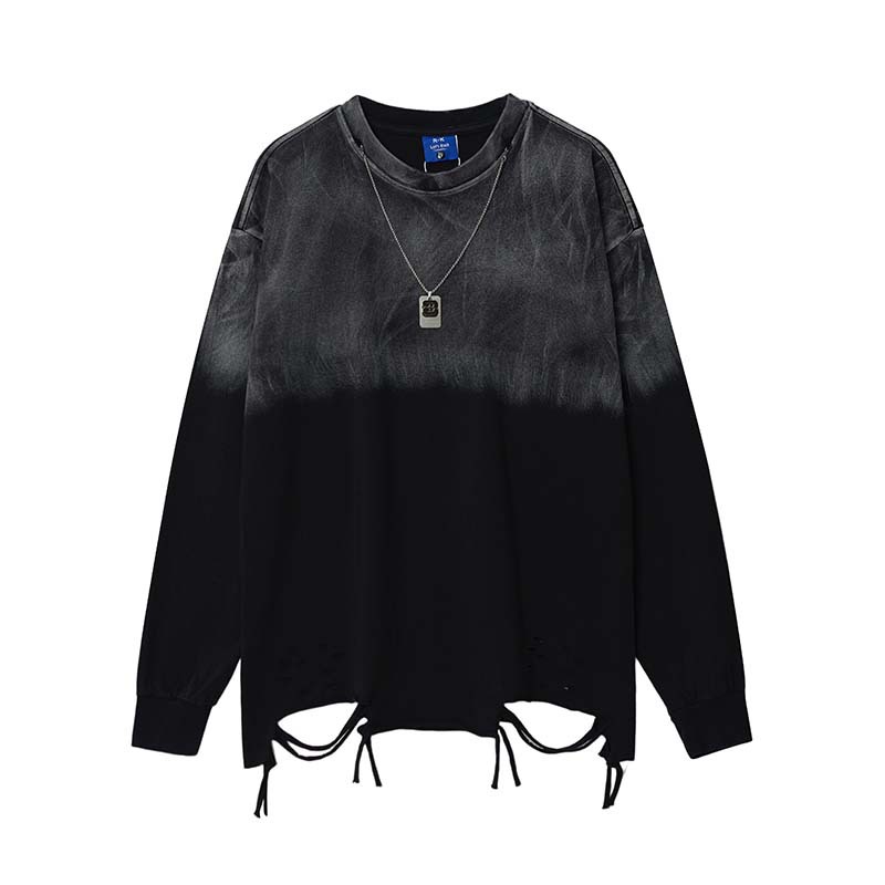 嘻哈潮牌长袖破洞流苏项链T恤潮t