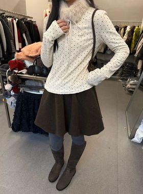 Want/韩系波点丝绒打底长袖（带围脖）女冬新款修身显瘦百搭上衣