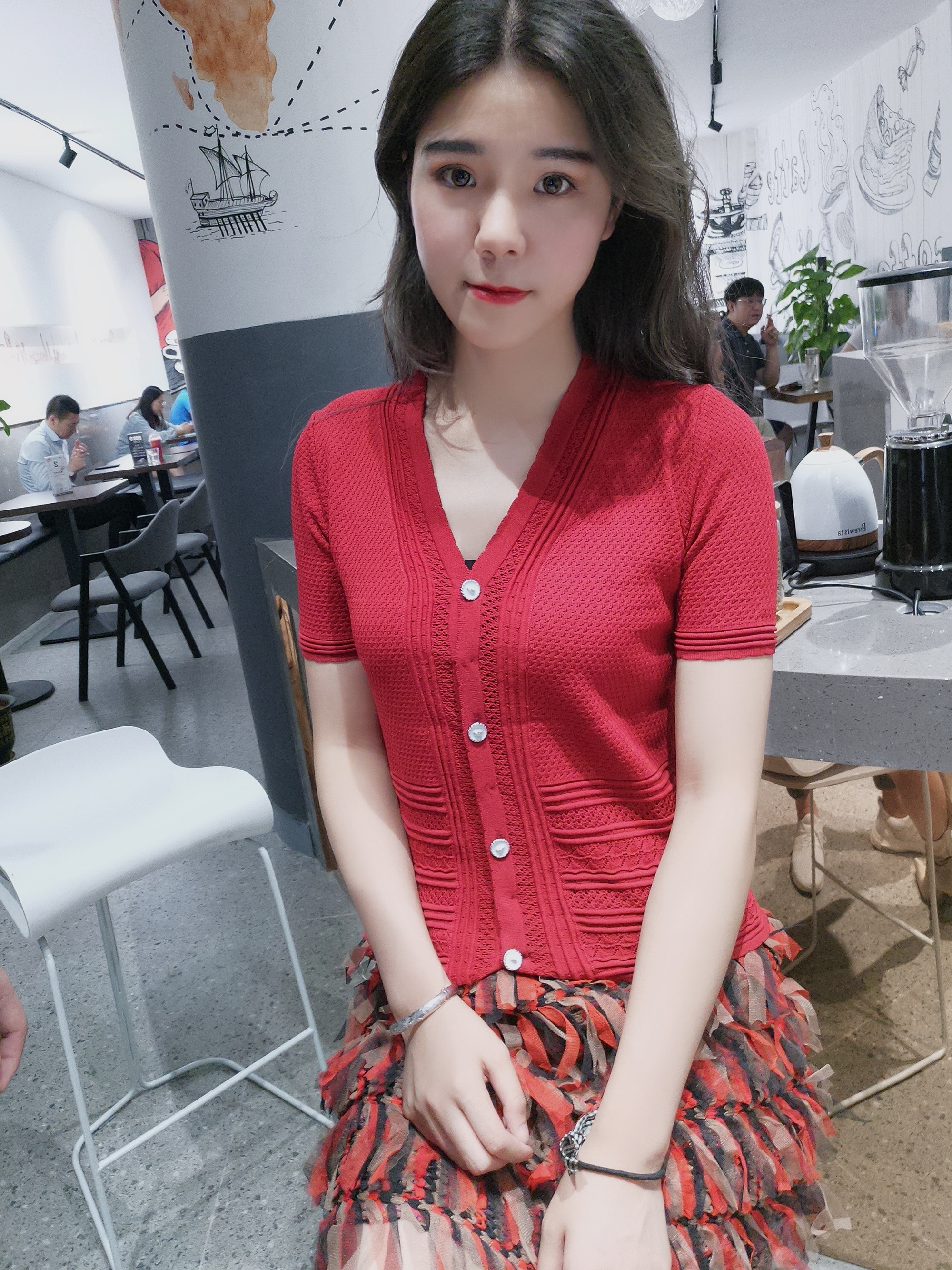 刘钰懿同款夏季女装针织短款小开衫暗红色V领显瘦修身上衣外套薄