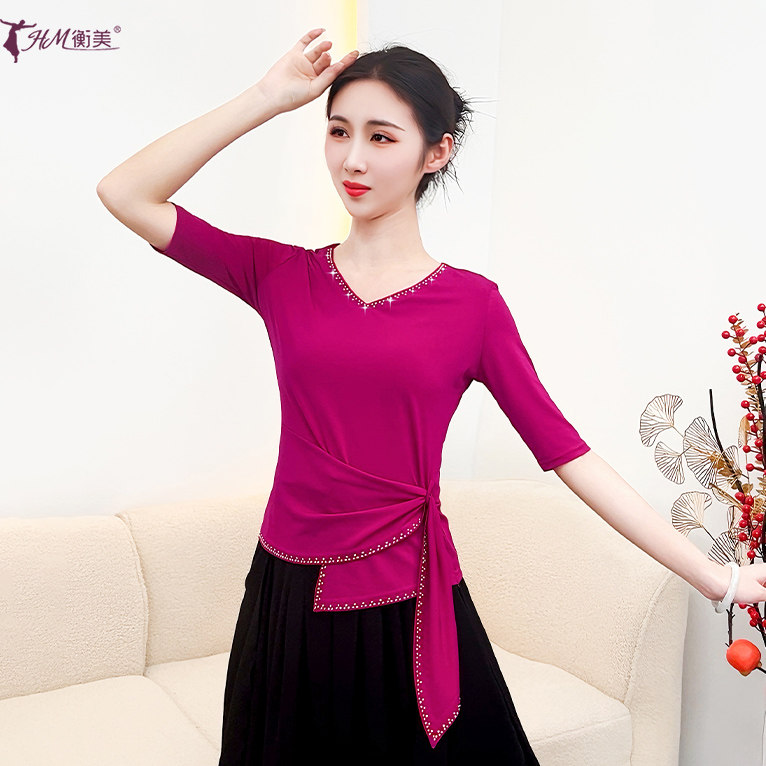 现代舞练功服上衣新款时尚烫钻桃心领中袖成人女古典舞广场舞服装图片