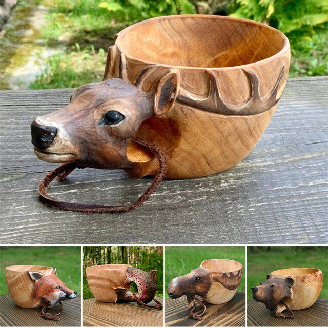 wooden mug animal shape portable camping drinking cup hand c