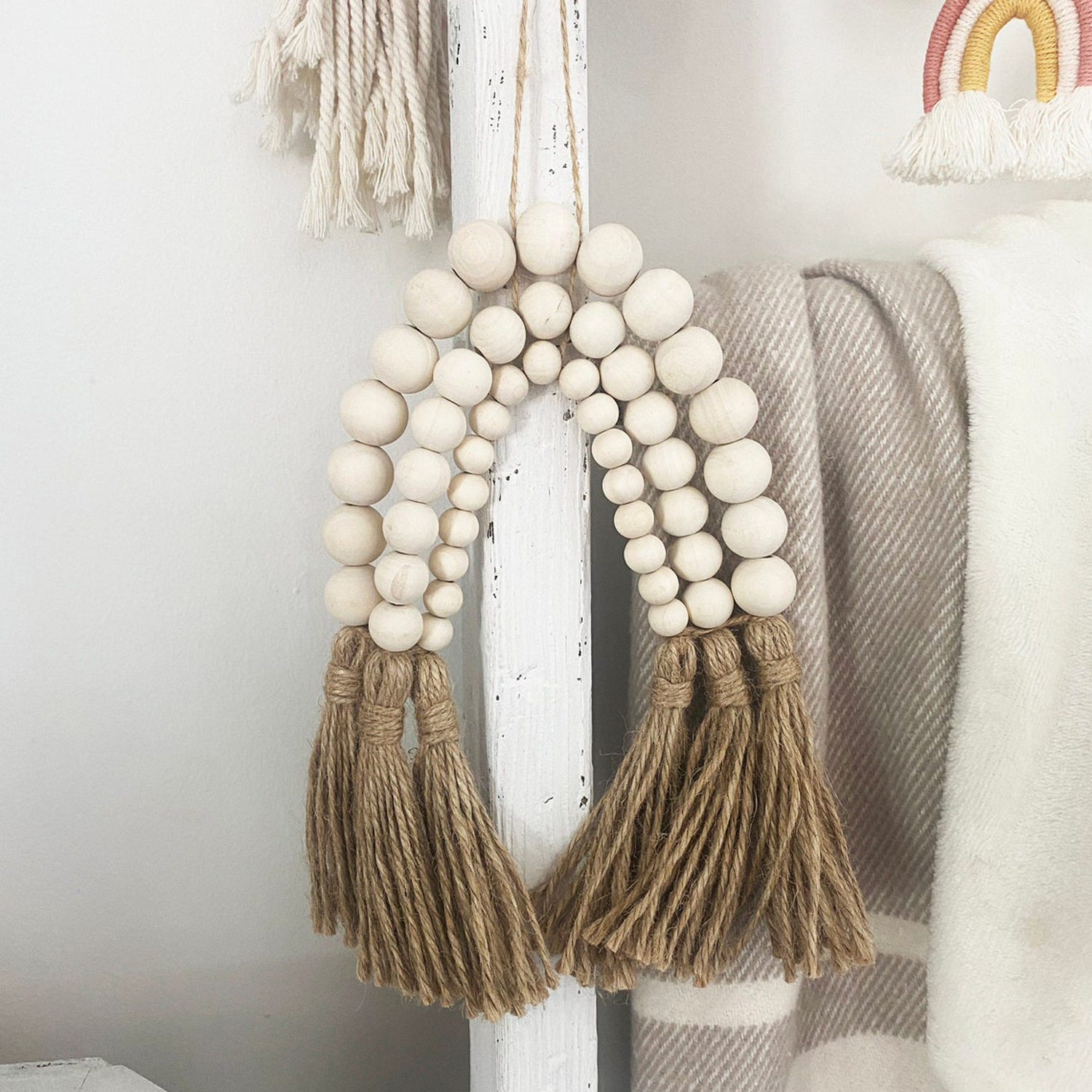 ins北欧原木木珠流苏串麻绳木珠制工艺品家居装饰儿童房民宿挂件