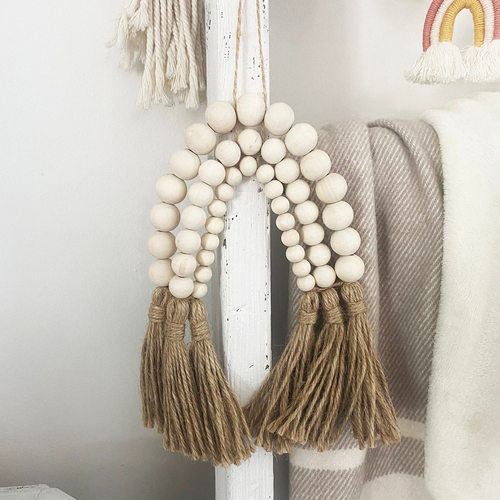 ins北欧原木木珠流苏串麻绳木珠制工艺品家居装饰儿童房民宿挂件