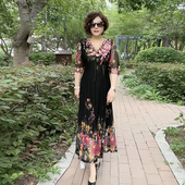 网纱连衣裙夏季 刺绣中袖 印花大摆裙50 气质薄款 60岁时尚 妈妈长裙