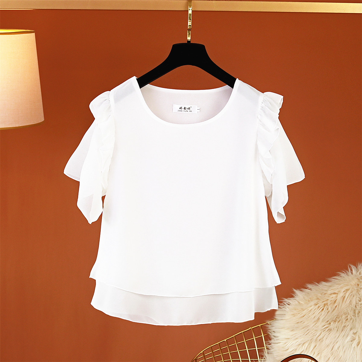 白色中袖妈妈款圆领上衣夏季新款宽松遮肚子雪纺短袖纯色打底衫