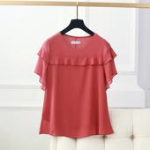 2023夏季 女雪纺衫 新款 宽松遮肚薄款 减龄圆领上衣 短袖 时尚 拼接大码