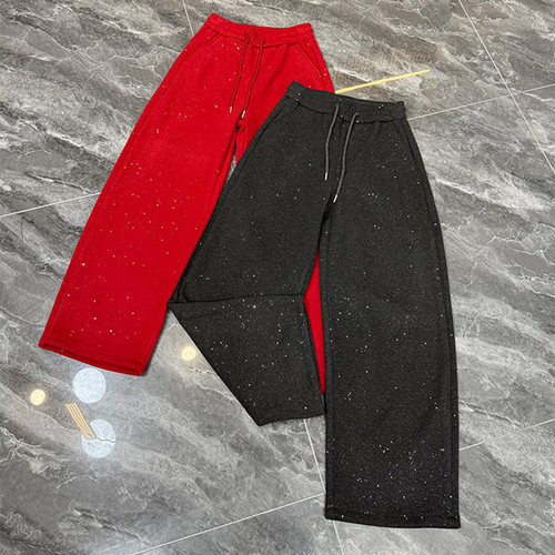 加绒细闪阔腿裤直筒裤红色女裤