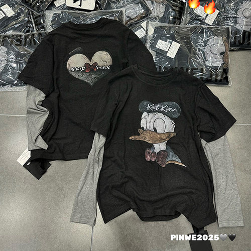 卡通印花假两件T恤打底衫