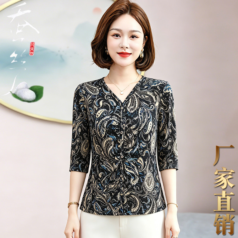 夏针织真丝V领印花中袖妈妈T恤女