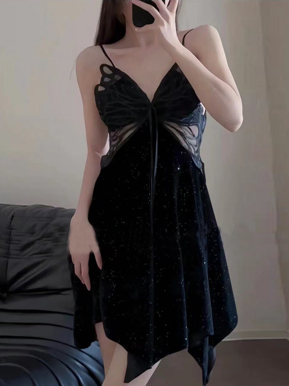 【蝴蝶少女】禁欲系睡衣女性感2023秋冬新款纯欲显瘦吊带睡裙睡袍