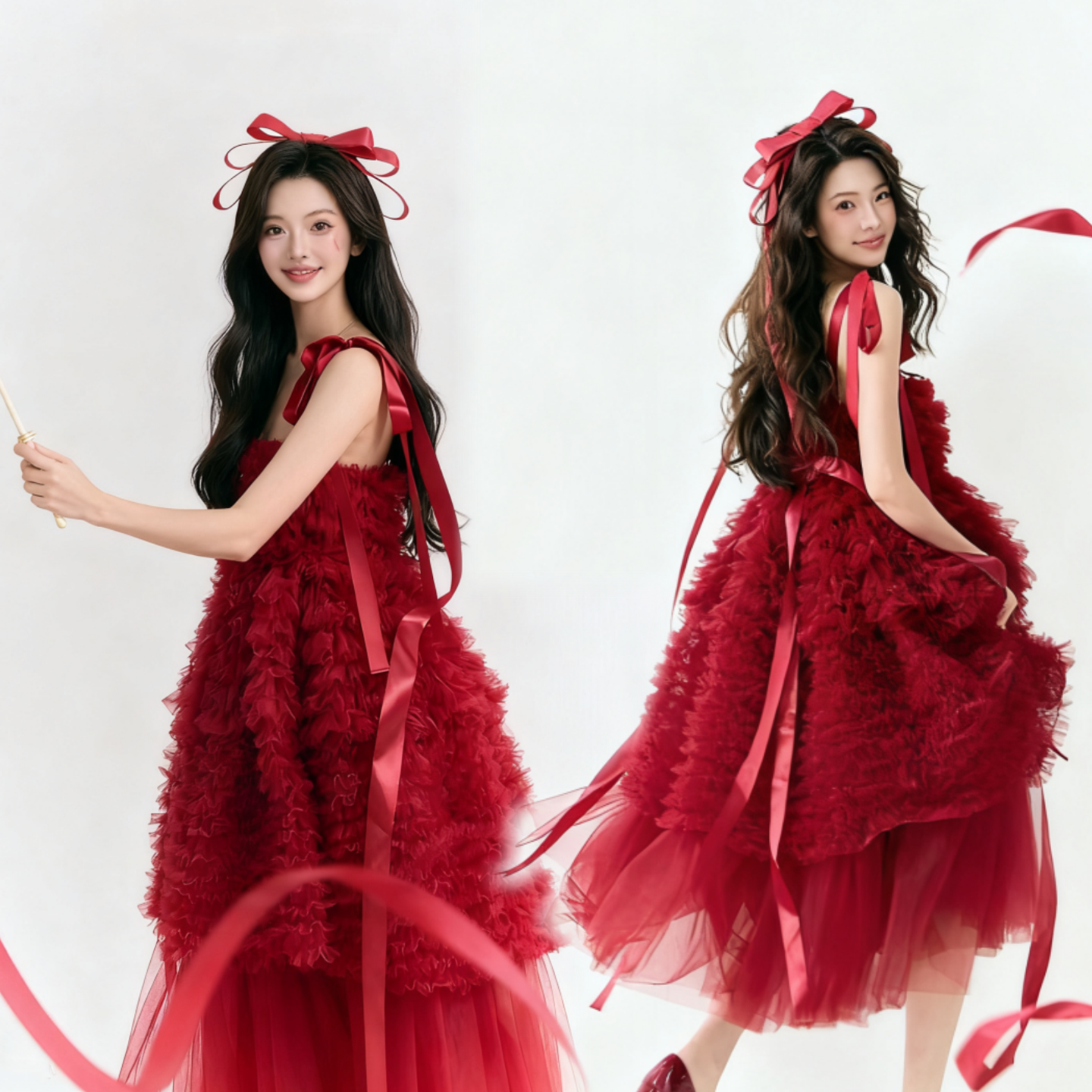 影楼新款红色纱裙少女生日写真甜美氛围俏皮艺术写真照画报风服装