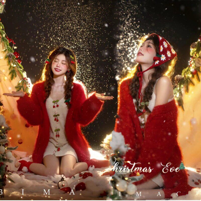 影楼新款圣诞写真秋冬服装主题甜心衣服少女摄影红色毛衣针织开衫