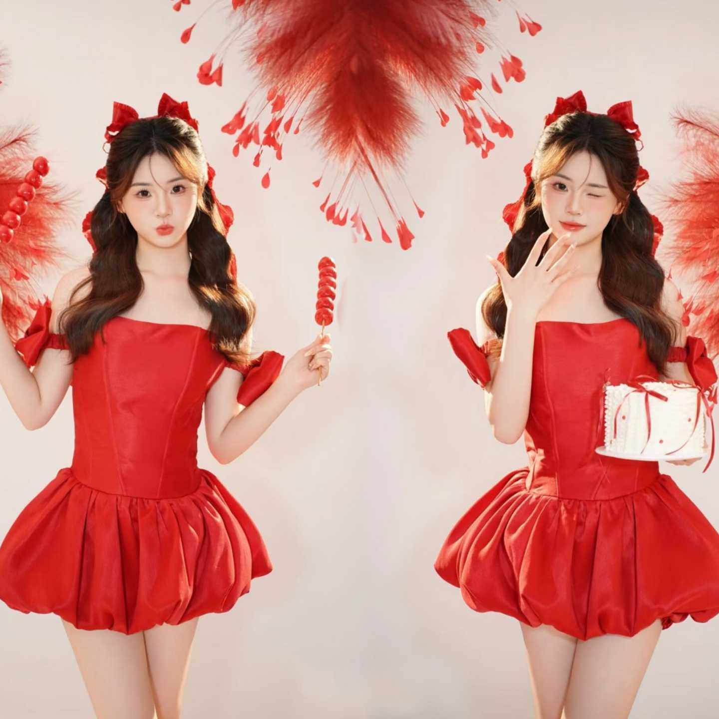 新款影楼个人氛围高级服装少女清新韩系甜美艺术写真照红色连衣裙