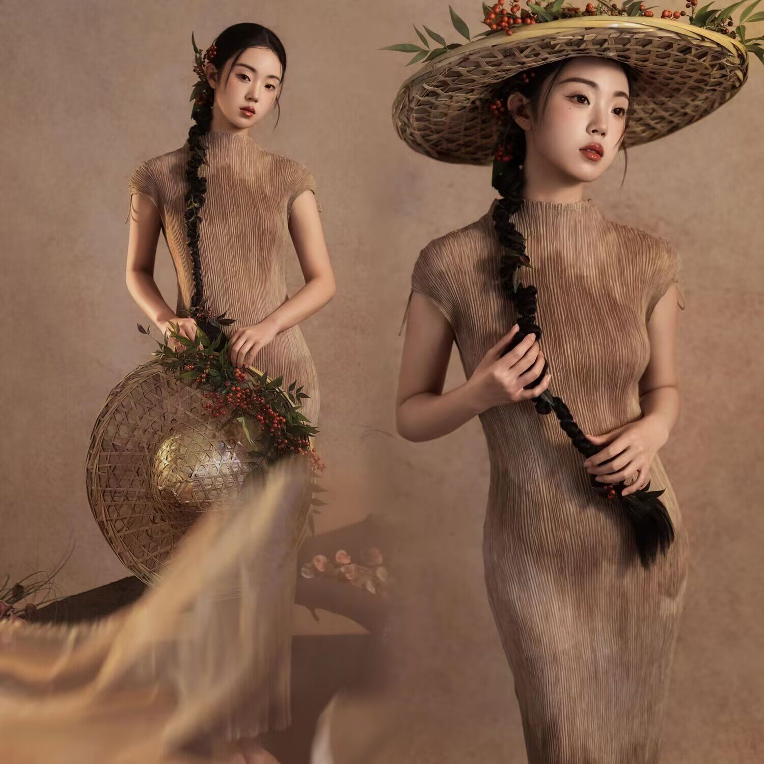 影楼新款中式复古风连衣裙立领修身文艺国风艺术照写真摄影服装