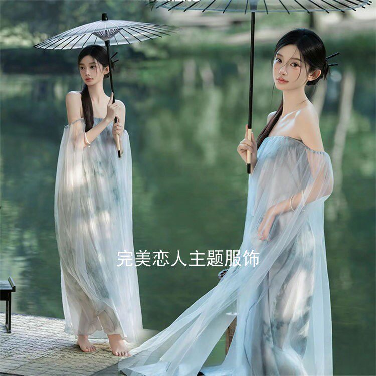 复古惊艳茶染飘带抹胸裙子