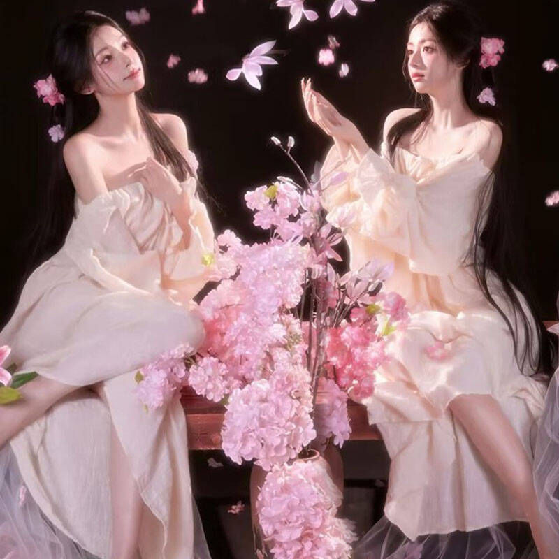 影楼新款法式浪漫风一字肩连衣裙高级感唯美风少女艺术照写真服装