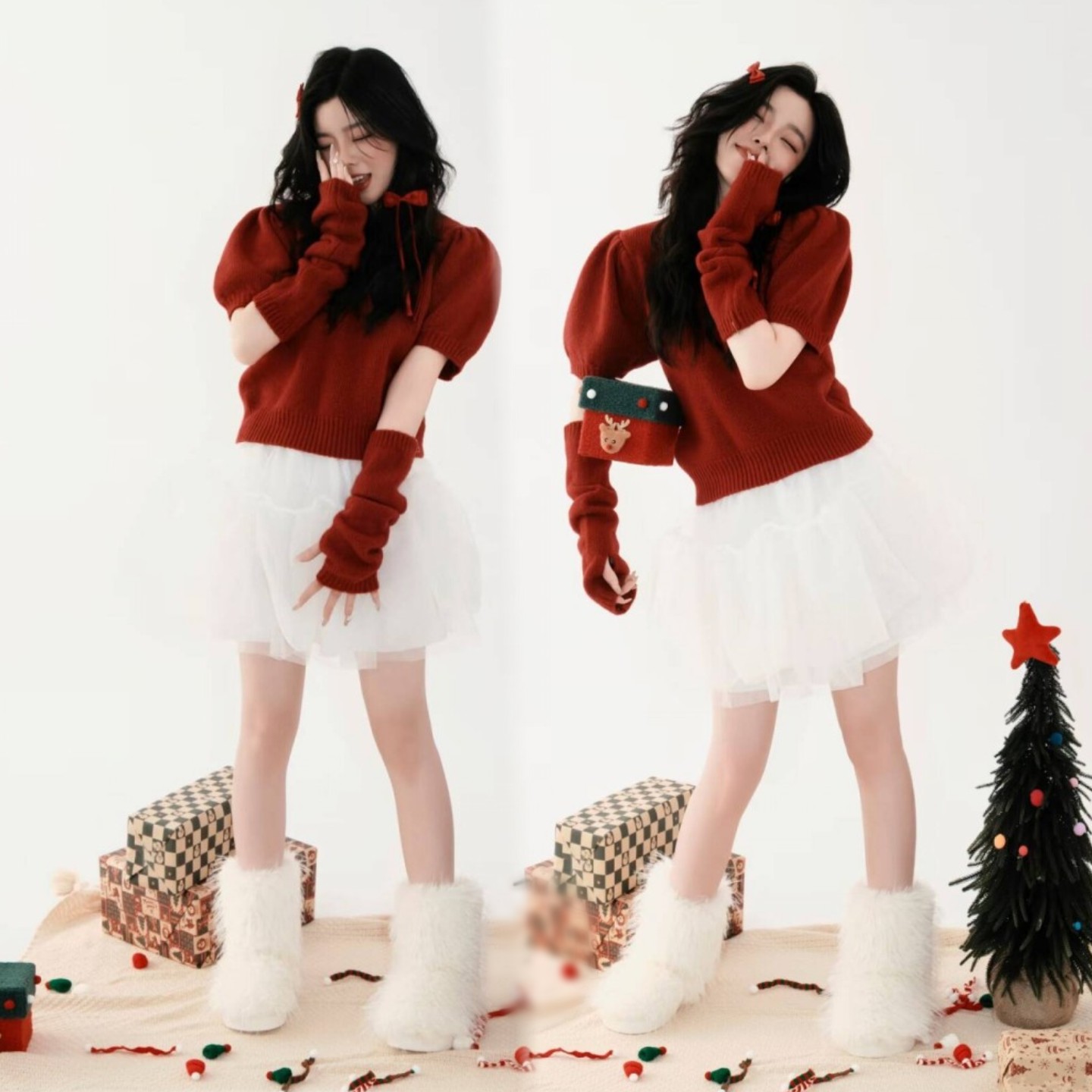 新款影楼圣诞可爱主题少女写真氛围清新红色毛衣艺术照摄影服装