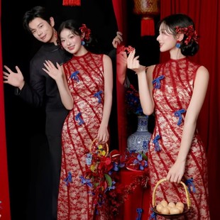 影楼新款中式喜嫁复古主题红色国风订婚晨袍高级艺术照摄影礼服