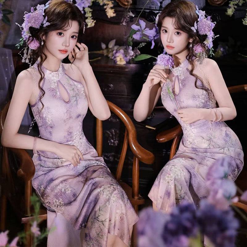 影楼新中式紫色旗袍艺术写真服