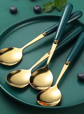 不锈钢网红轻奢勺子汤勺家用长柄饭勺吃饭汤匙创意可爱ins风调羹