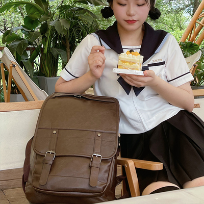 复古双肩背包书包女生秋冬2023新款16寸电脑大容量日系软皮学院风