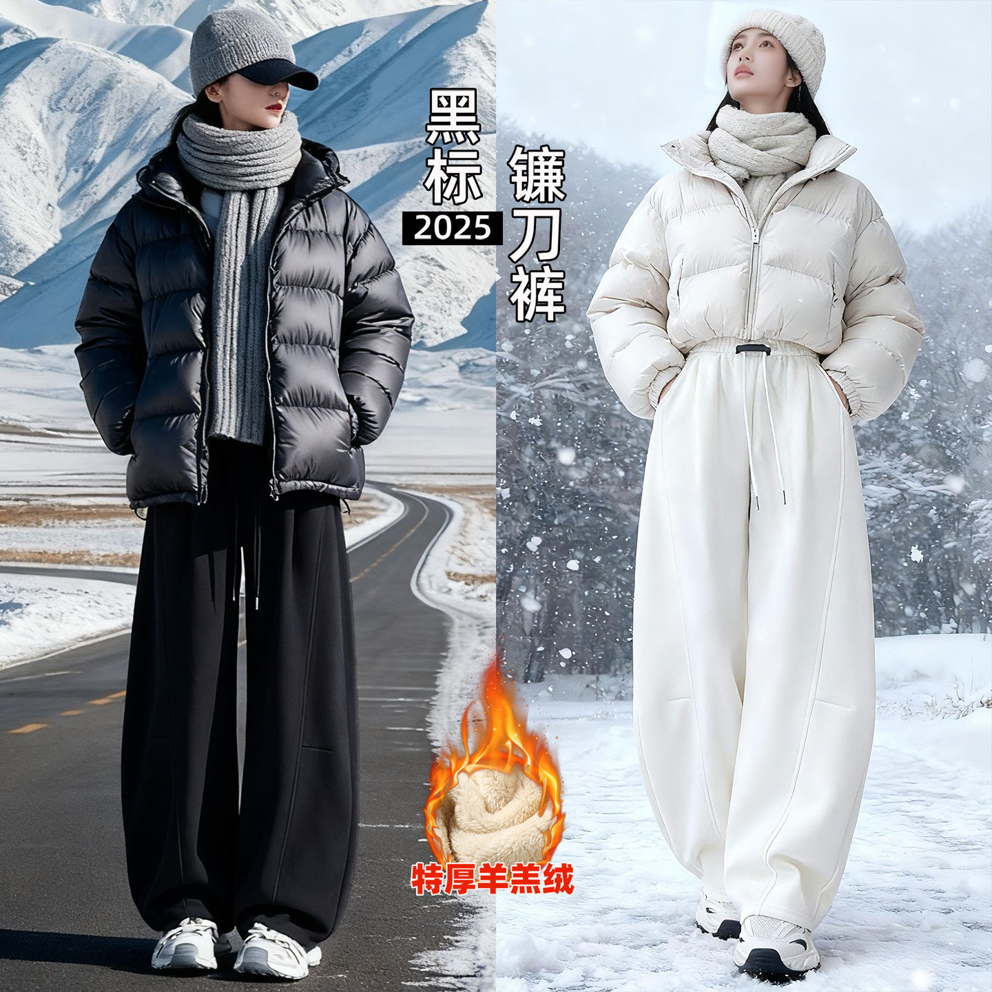 加绒运动卫裤女2025新款深冬加绒羊羔绒棉裤外穿大码弯刀阔腿裤子