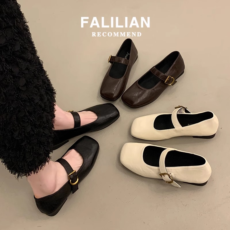 法式方头舒适小皮鞋复古奶奶鞋2025新款浅口单鞋通勤一字带豆豆鞋