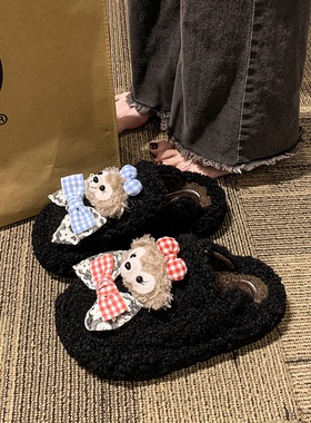 豹纹卡通可爱达菲熊厚底包头羊羔毛毛拖鞋女秋冬外穿2026新款棉拖