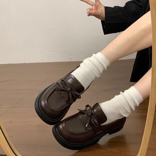 法式复古英伦风小皮鞋女2026年早春季新款蝴蝶结厚底乐福鞋jk单鞋