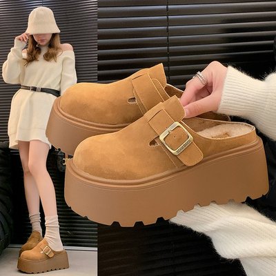 冬季新款包头加绒博肯鞋包头半拖鞋女冬外穿厚底高跟2025新款显瘦
