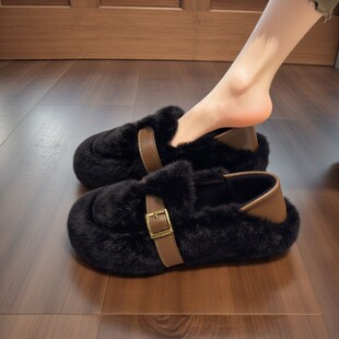 女平底一脚蹬英伦风懒人豆豆鞋 2026冬季 外穿毛毛鞋 加绒棉瓢鞋 新款