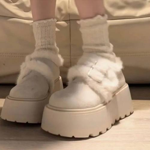 2025新款冬季加绒加厚保暖毛毛勃肯鞋复古白色增高厚底棉鞋女外穿