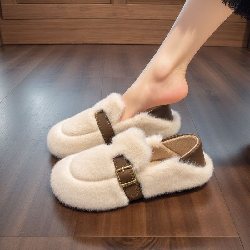 毛毛鞋女冬季外穿2025新款网红皮带扣一脚蹬两穿软底豆豆棉鞋,女鞋,乐福鞋（豆豆鞋）,淘宝优惠券,粉丝福利购,淘宝优惠卷