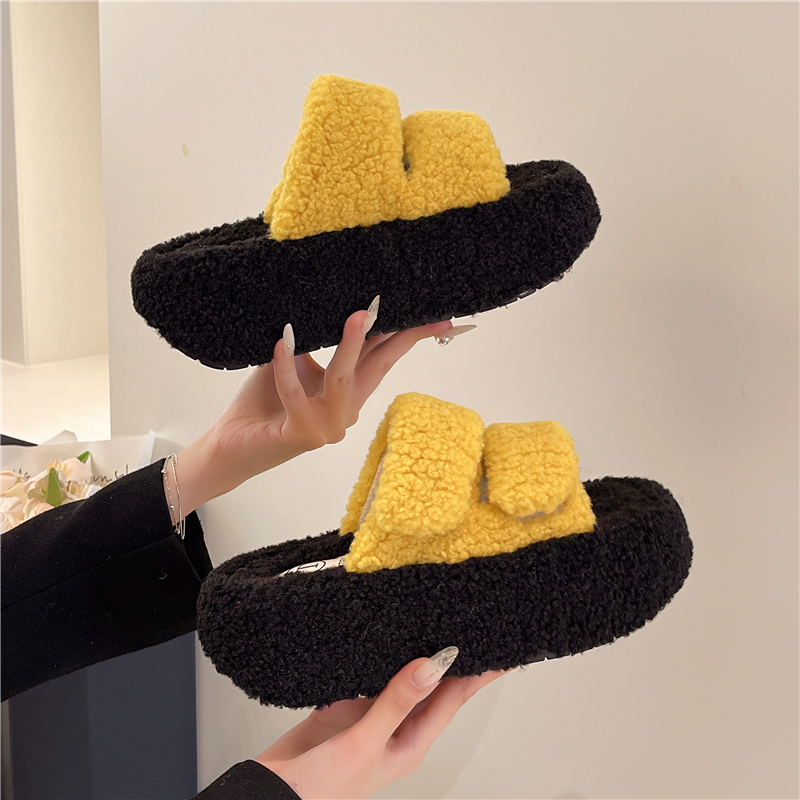 厚底增高防滑魔术贴休闲羊羔绒毛毛拖鞋女秋冬外穿2025新款配裙子