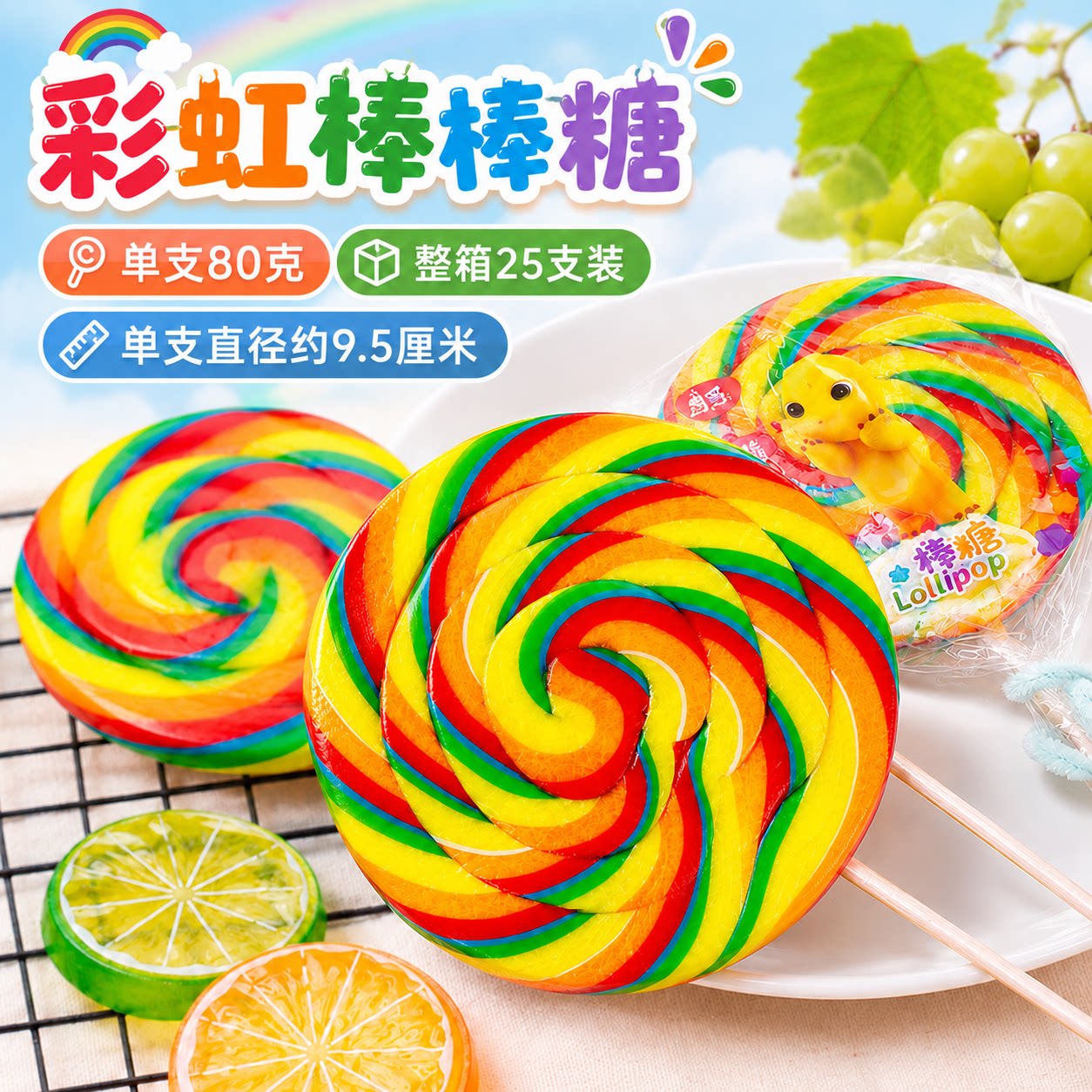金稻谷彩虹棒棒糖大波板糖80g*25支儿童零食糖果幼儿园整箱批散装