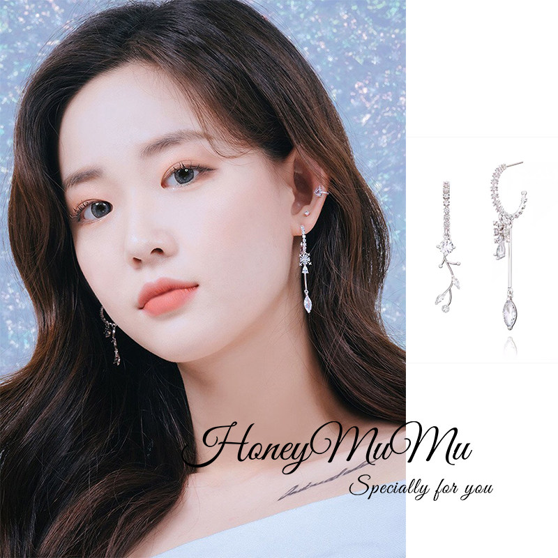 MuMu*韩国Red Velvet朴秀荣JOY同款 锆石花朵水滴不对称耳环/耳夹