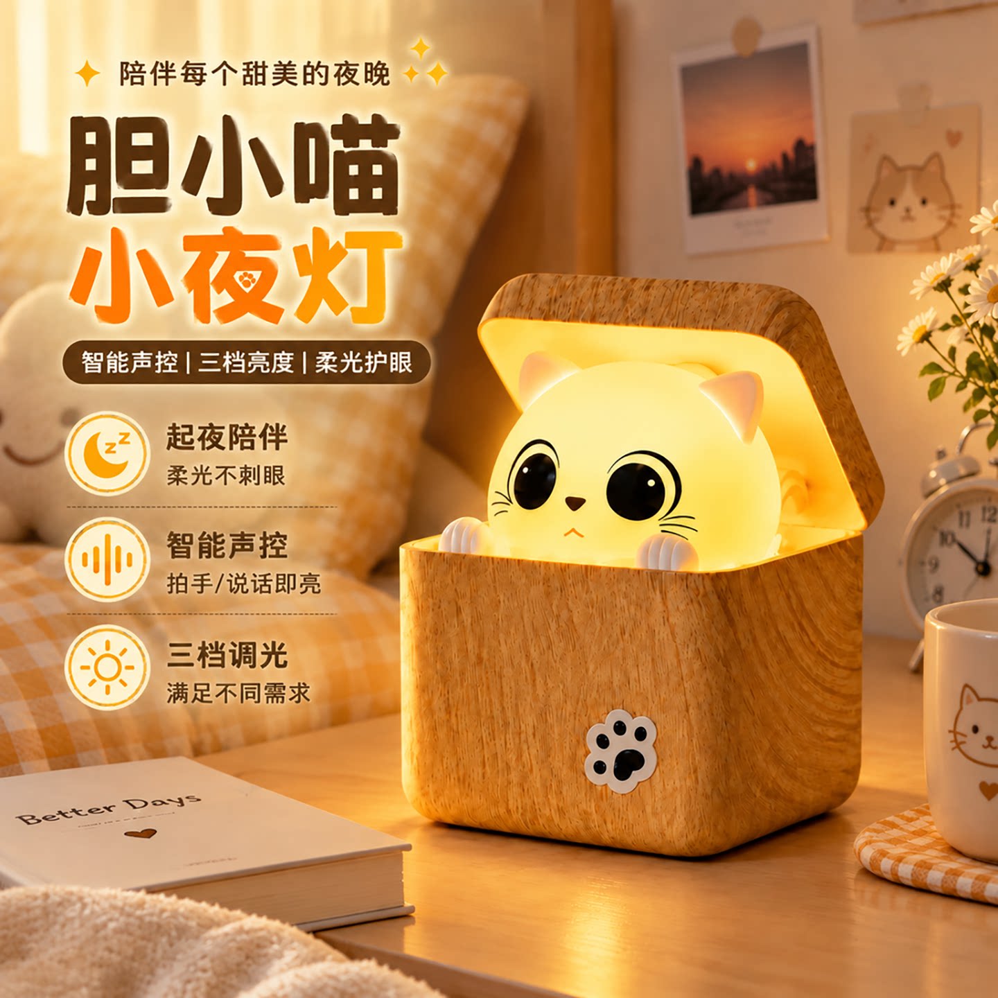 可爱猫咪胆小喵小夜灯生日礼物女生送女朋友实用搞怪抽象男生女孩