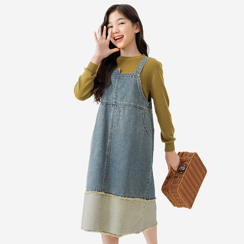 纯一良品童装女童牛仔背带裙女孩秋季新款中大童复古风时髦连衣裙