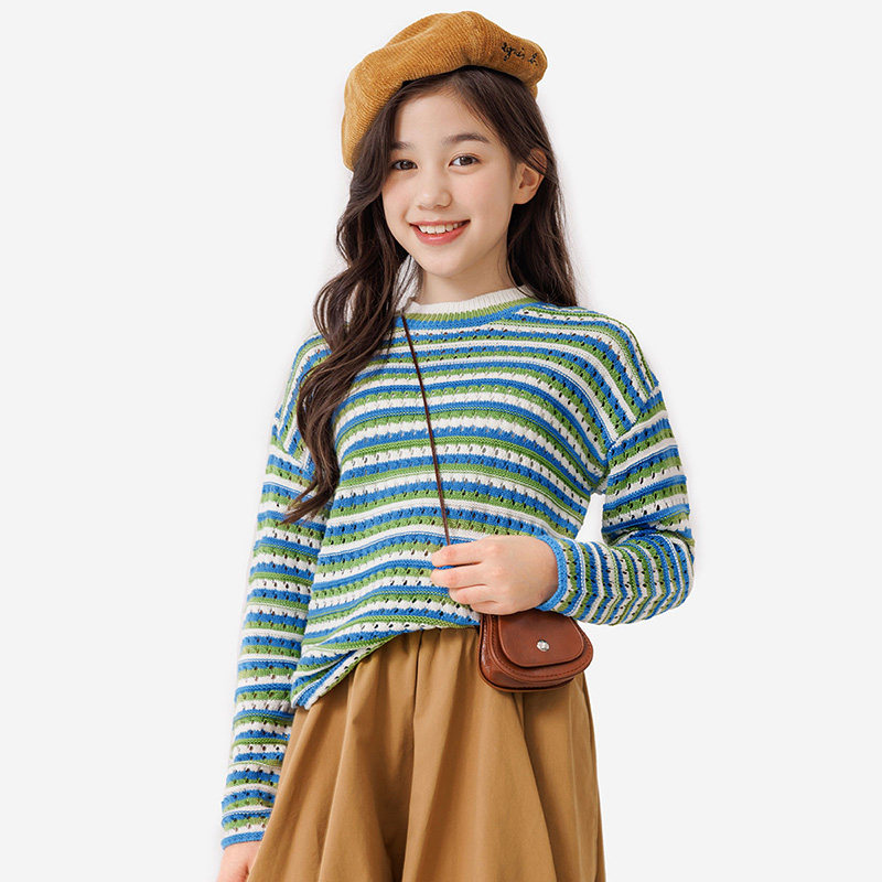 纯一良品童装女童毛衣女孩秋季新款中大童时尚俏皮条纹钩花针织衫