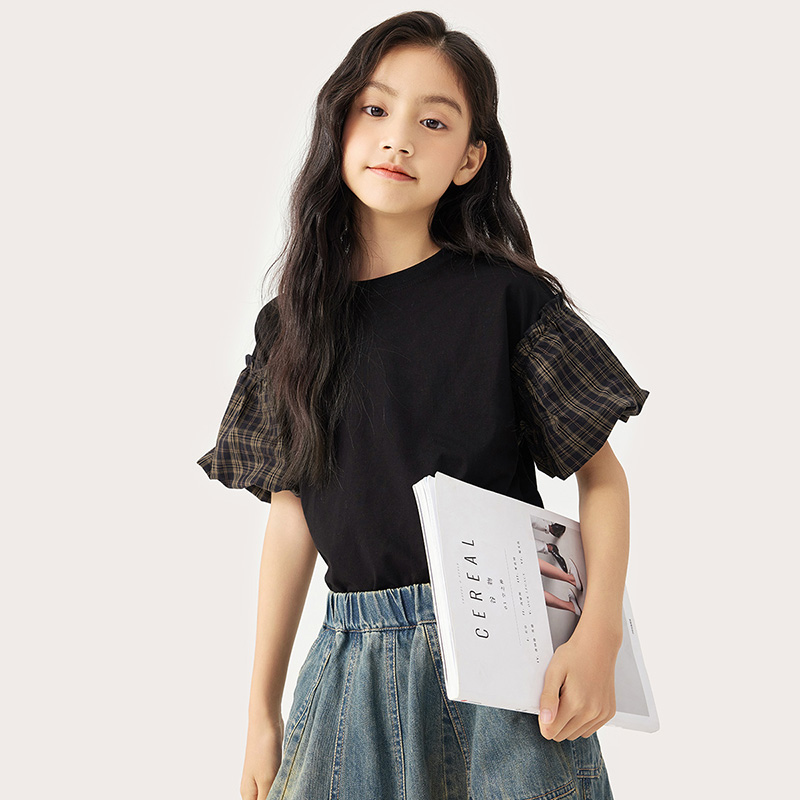 纯一良品女童小落肩短袖T恤夏季 青少年个性花苞袖上衣110-170码